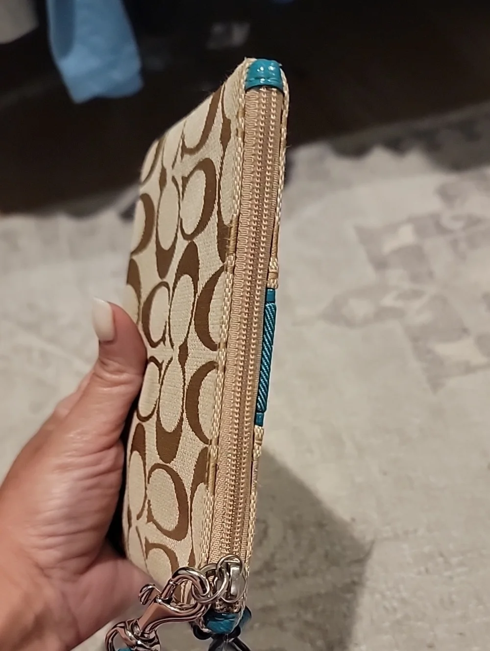 Coach Tan Signature Canvas Wristlet with Jade Green Stripe And Leather Trim